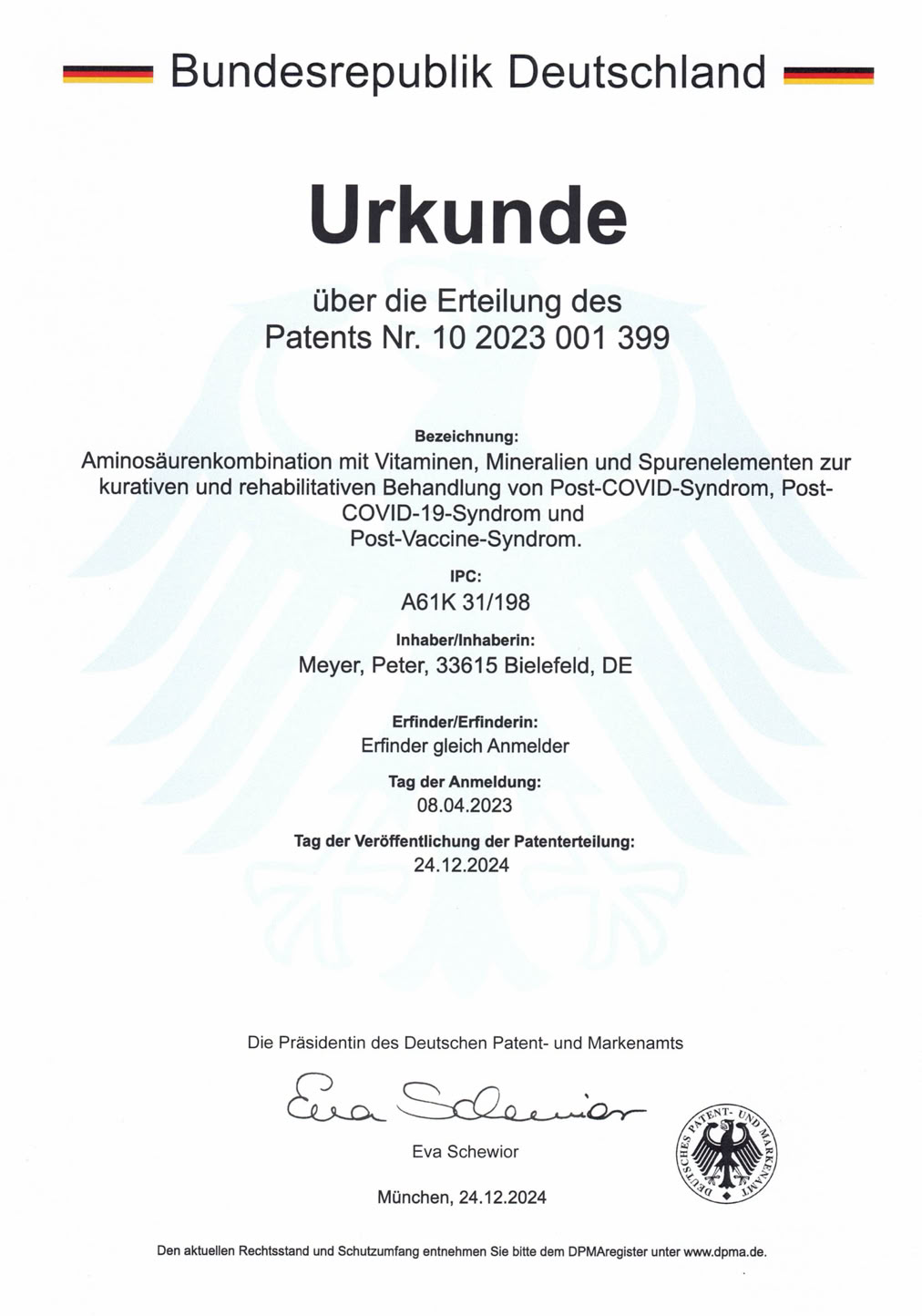 Ein Dokument mit dem Titel "Urkunde" der Bundesrepublik Deutschland, das die Erteilung eines Patents beschreibt, mit einem Bundesadler im Hintergrund.